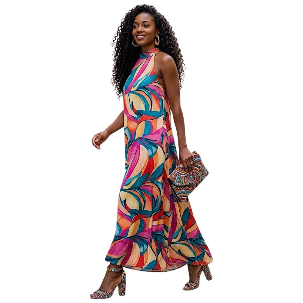 Nicole Miller Abstract geometric  colorful mock neck sleeveless Maxi Dress S NWT